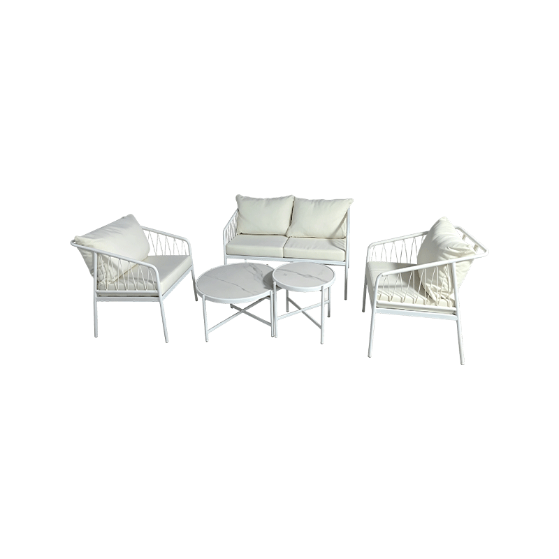 White Rope Woven Garden Sofa Set with Nested Coffee Tables